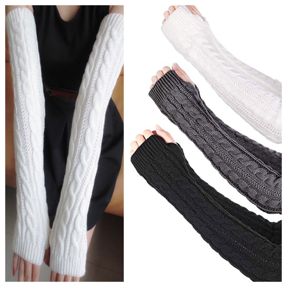 Long Cable Knit Over Elbow Arm Hand Warmers - Picture 2 of 9